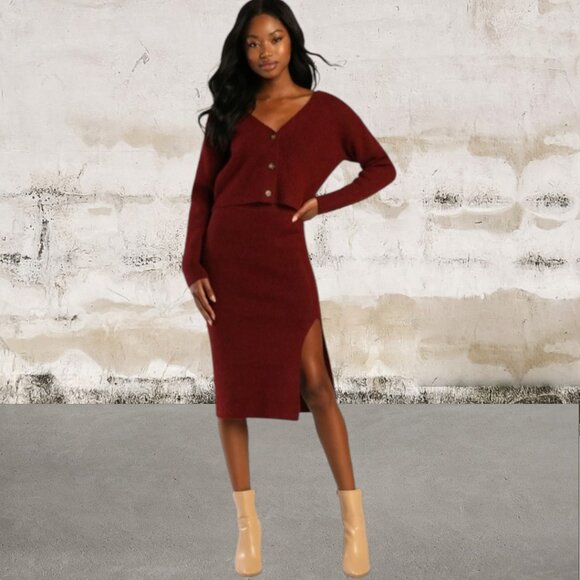 Lulus Fireside Feelings Wine Red Cardigan 2 Pc Sweater/Skirt Size Large - Picture 1 of 8